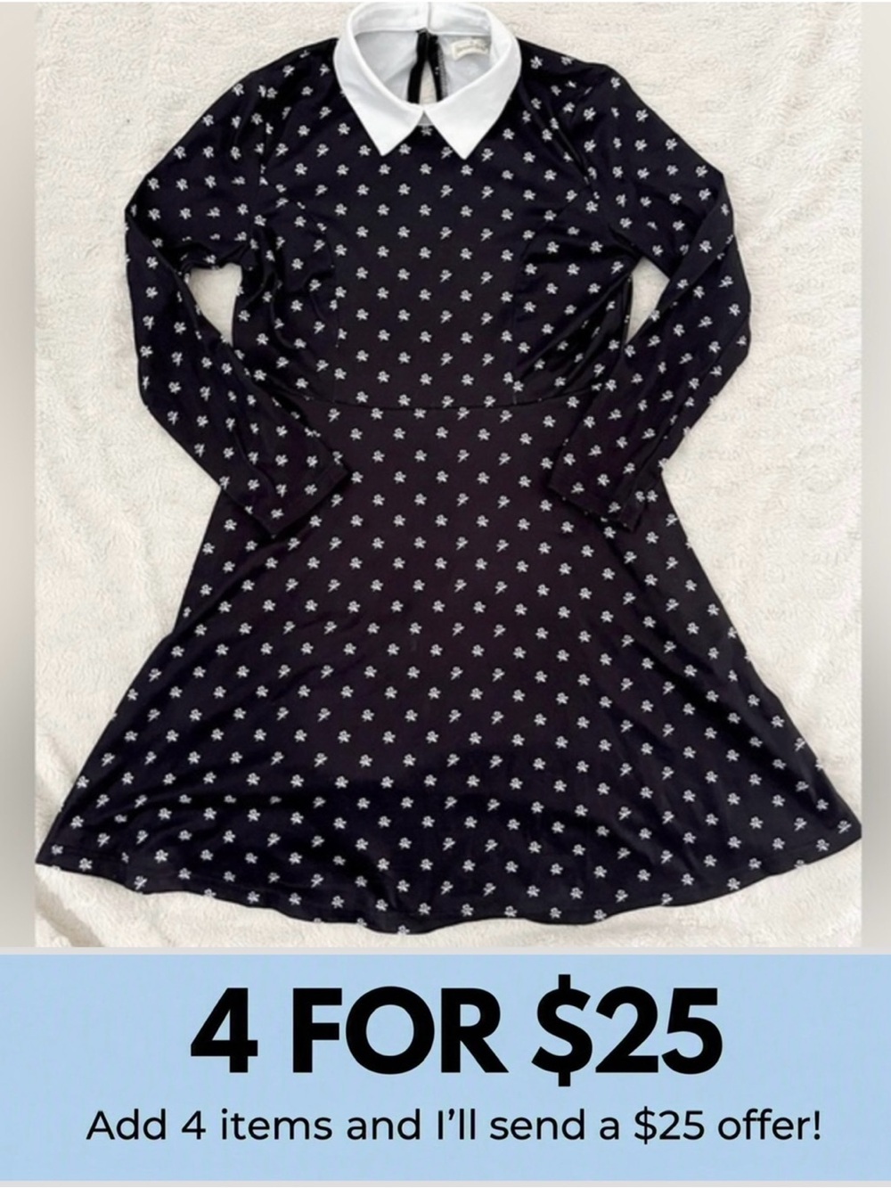 BESSER BAY Black Dress with White Floral Pattern and Collar Size Small